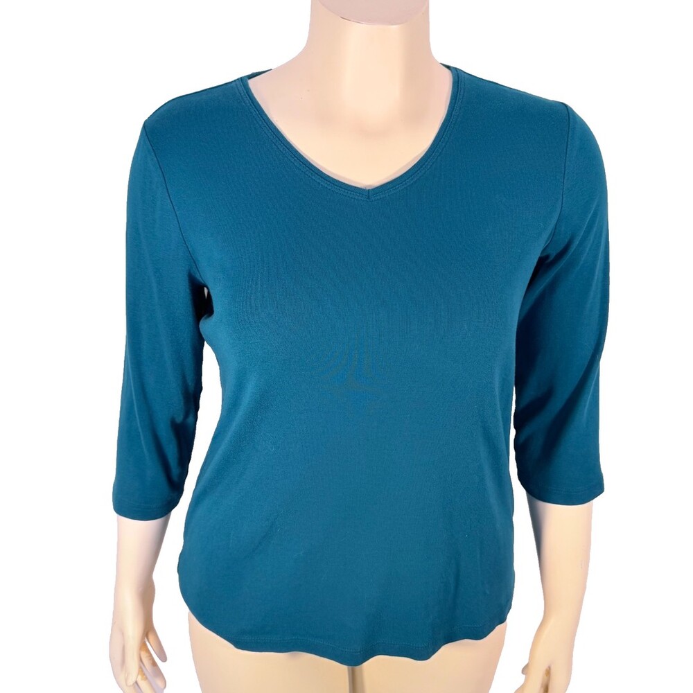 Chico's Women's L Teal Tee Shirt V-Neck 3/4 Sleeve Cotton Straight Hem